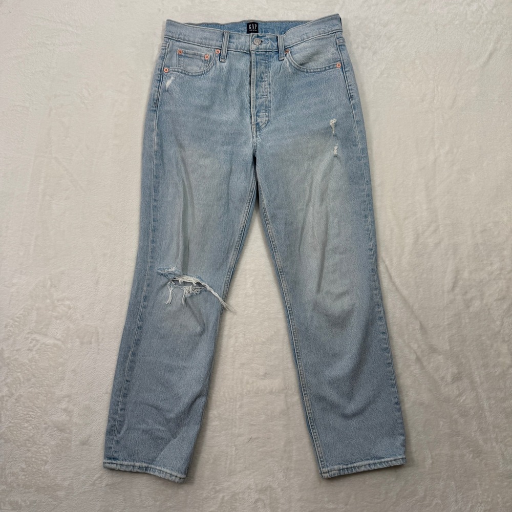 Gap Cheeky Straight Jeans Womens 8/29 Light Blue Distressed High Rise Button Fly